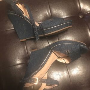 Blue denim wedge shoes